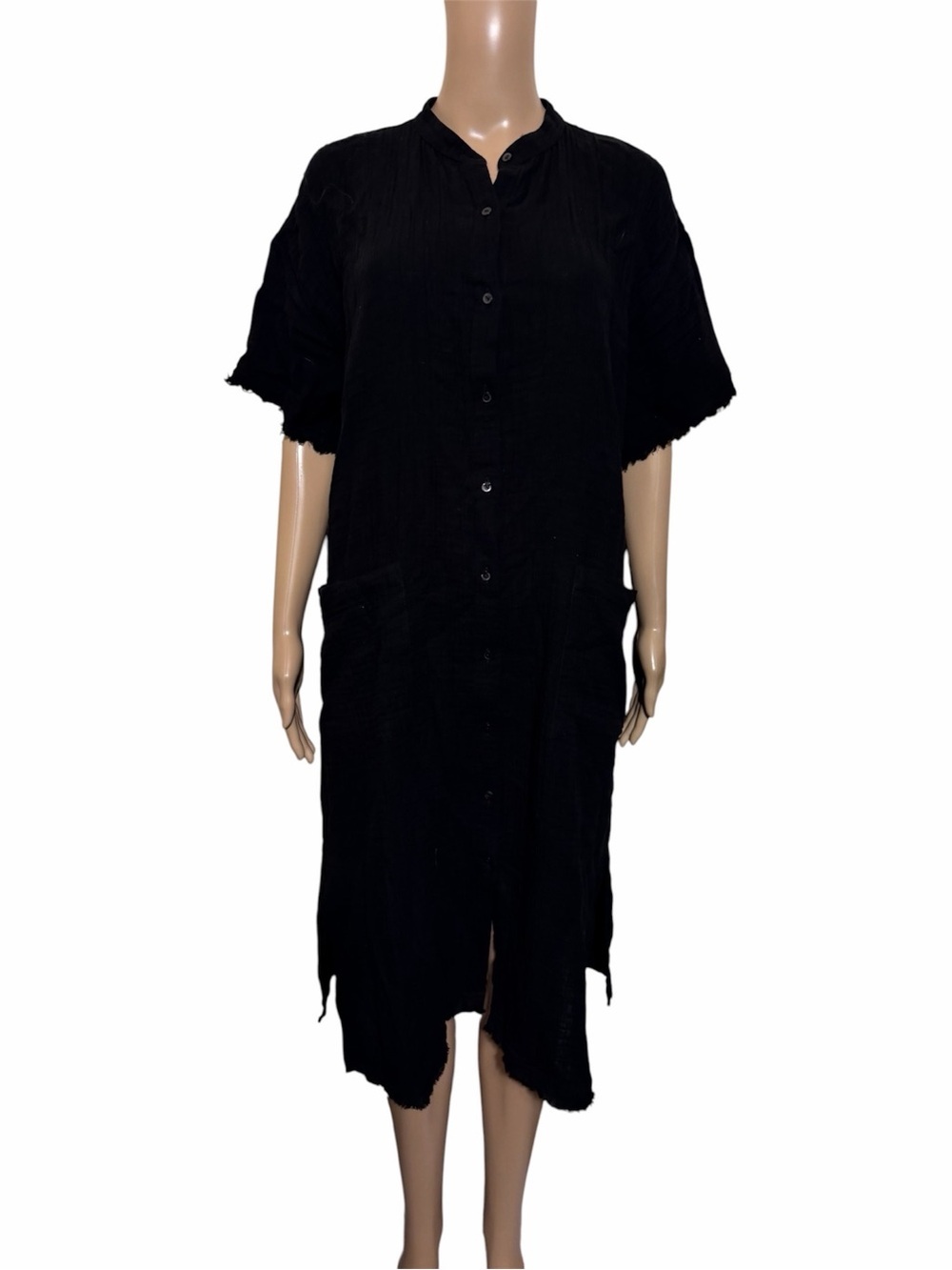 Eileen Fisher Black Textured Gauze Midi Dress Frayed Hem